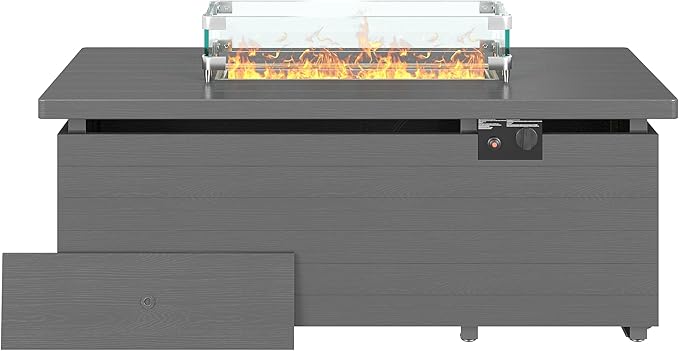 Sundale Outdoor 51 Inch Outdoor Fire Pit Table, 50,000 BTU Rectangle Propane Fire Pit with Glass Wind Guard, Rain Cover, Removable Lid, Matching with Outdoor Furniture Sets, CSA Certified, Gray-VerdiqueGarden