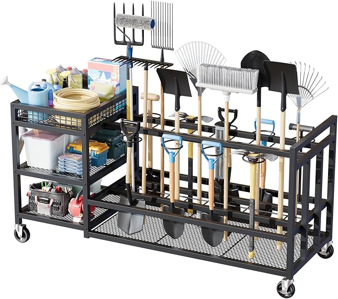 Garden Tool Organizer with Wheels-Movable Garden Tool Rack with Storage Hooks for Long-Handled Tools/Rakes/Brooms/Shovels,Heavy Duty Metal Garden Tool Storage for Garage,Shed,Garden,Black-VerdiqueGarden