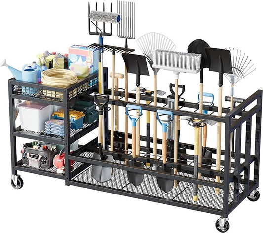 Garden Tool Organizer with Wheels-Movable Garden Tool Rack with Storage Hooks for Long-Handled Tools/Rakes/Brooms/Shovels,Heavy Duty Metal Garden Tool Storage for Garage,Shed,Garden,Black-VerdiqueGarden