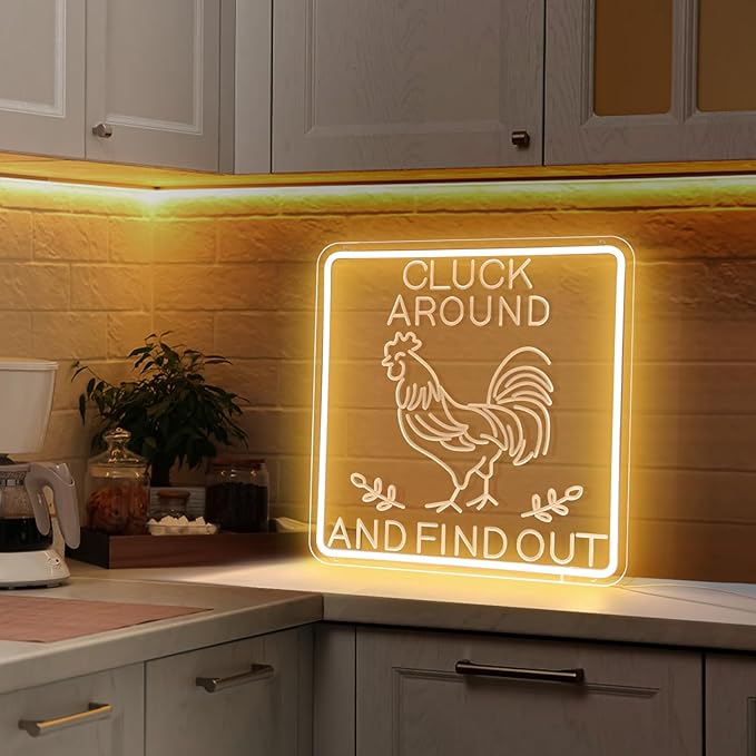 Funny Cluck Around and Find Out Large Neon Sign Dimmable, Rooster Decor 16 X 16 Inch Kitchen Decor for Farmhouse, Chicken Coop, Garden, Farm House Decoration, Rooster Gifts-VerdiqueGarden
