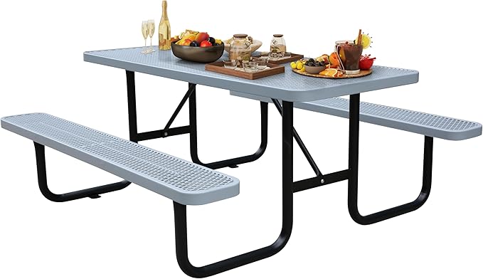 6FT Metal Picnic Tables for Outdoors, Commercial Rectangular Picnic Table and Bench Set for Outside, Patio, Garden, Backyard, Porch, Surface Mount, Grey-VerdiqueGarden