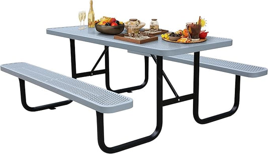 6FT Metal Picnic Tables for Outdoors, Commercial Rectangular Picnic Table and Bench Set for Outside, Patio, Garden, Backyard, Porch, Surface Mount, Grey-VerdiqueGarden