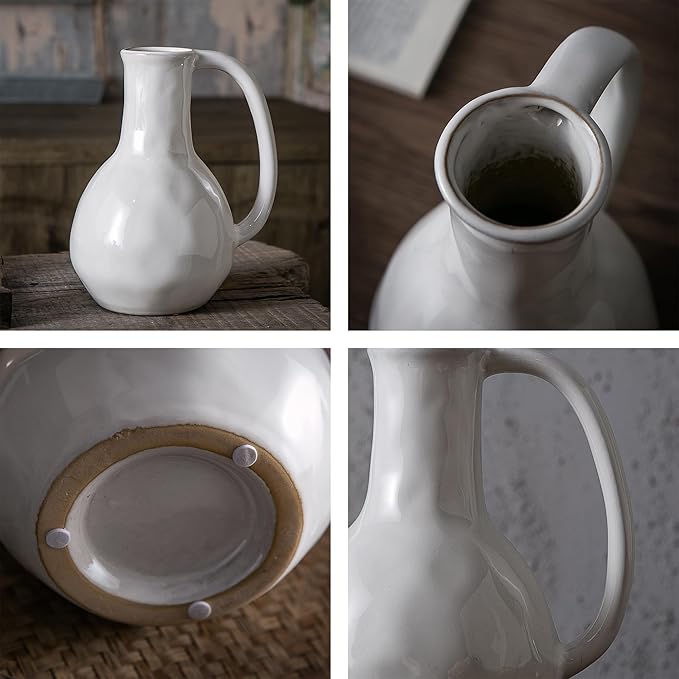 White Ceramic Vase with Big Handles, Modern Farmhouse Decor, Rustic Pottery for Flowers, Decorative Terracotta Centerpiece for Dining Table-VerdiqueGarden