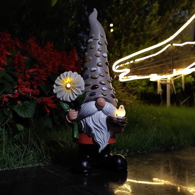 12 Inch Solar Garden Gnome Statue Clearance with Sunflower and Bird's Nest Light – Outdoor High Hat Gnome Sculpture Outdoor Statue for Patio and Garden Decor – Figurine Gift for Gnome Lovers-VerdiqueGarden