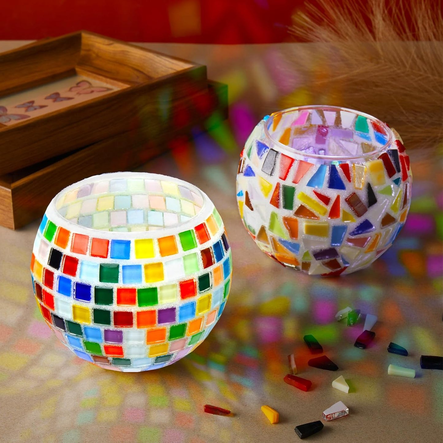 2 Set Glass Mosaic Candle Holder Kit Include Tea Light Holder, Glass Mosaic Tiles DIY Crafts Creativity Handmade Artwork for Adults Home Lighting Decor(Rainbow Theme)-VerdiqueGarden