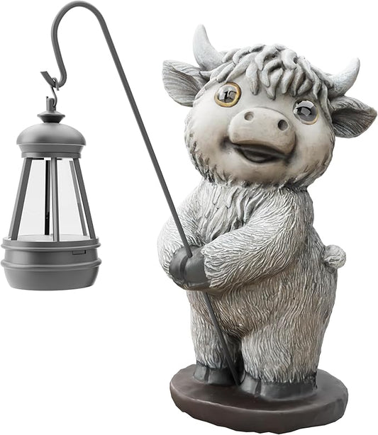 Highland Cow Statues with Solar Lights, Highland Cow Resin Figurine Lights, Highland Cow Ornaments for Patio, Balcony, Indoor Decoration and as Gifts-VerdiqueGarden