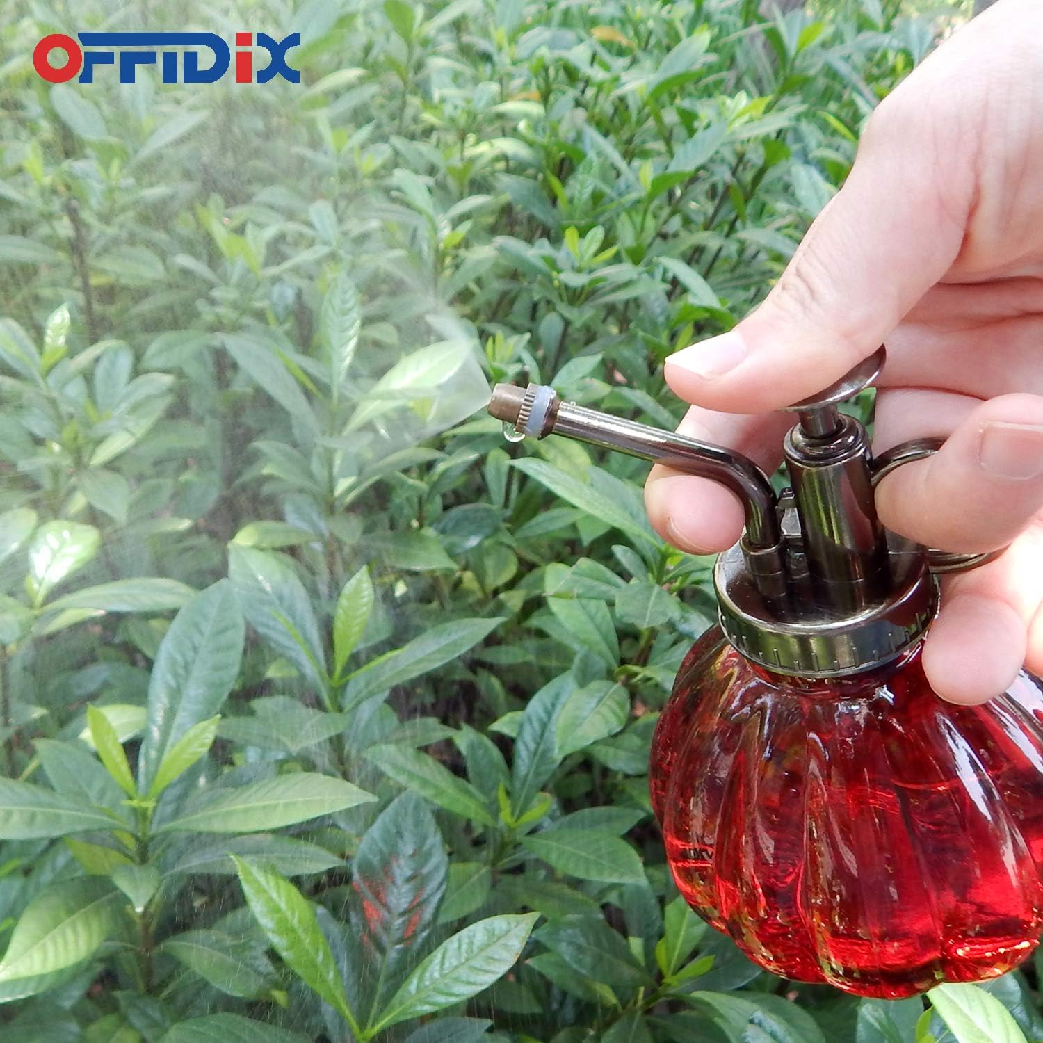 OFFIDIX Plant Glass Spray Bottle,Flower Mister Indoor Plant Watering Can Pot 6.3" Tall Vintage Pumpkin Style with Bronze Plastic Top Pump One Hand Small Watering Cans for House Plants(Red)-VerdiqueGarden