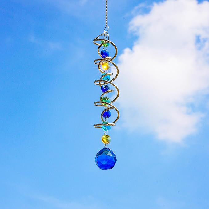 H&D HYALINE & DORA 17.7inch Gazing Ball Spiral Tail,Decorative Wind Spinner Sun Catcher,Rainbow Maker Double-Spiral W/Sea Blue Crystal Ball and Chain,Glass Crystals for Indoor Outdoor Decoration-VerdiqueGarden