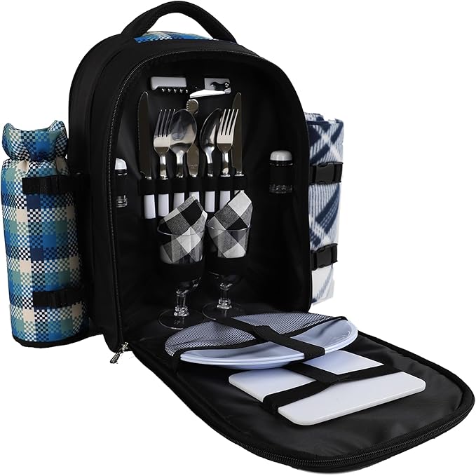 apollo walker Picnic Backpack Bag for 2 Person with Cooler Compartment, Detachable Bottle/Wine Holder, Fleece Blanket, Plates and Cutlery Set-VerdiqueGarden