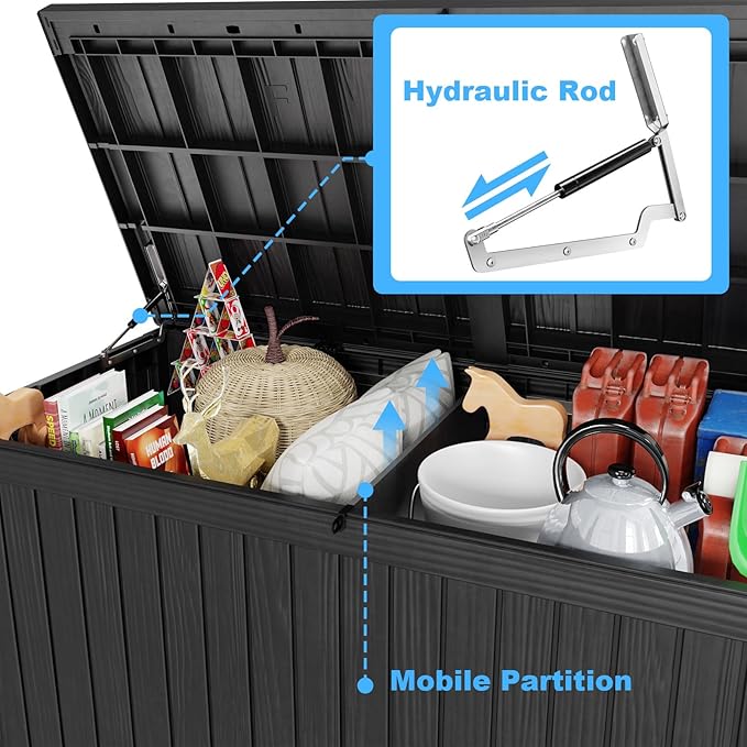 180 Gallon Deck Box,Resin Outdoor Storage Box with Lockable for Patio Furniture, Pool Accessories, Garden Tools Waterproof Outside Storage Box, Black-VerdiqueGarden