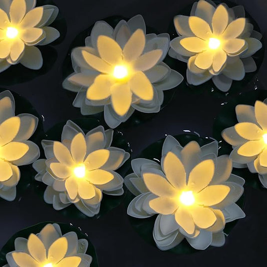 12 PCS Diwali Waterproof Floating Lotus Light - Floating Flower Light Battery Operated Water Activated Warm White Pool Flower Lamp Wedding,Anniversary,Garden Decoration(6Inch & 5Inch)-VerdiqueGarden