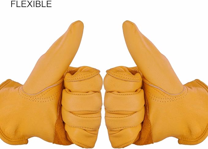 OZERO Flex Grip Leather Work Gloves Stretchable Wrist Tough Cowhide Working Glove 1 Pair (Gold, Large)-VerdiqueGarden
