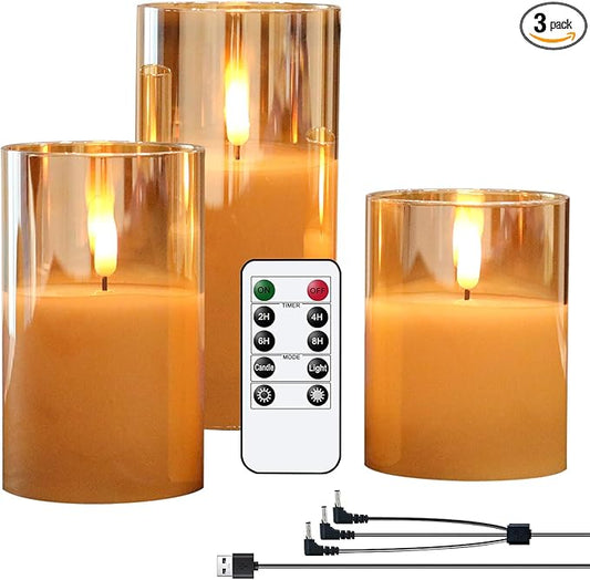 Rechargeable Candles Flickering with Remote, Rechargeable Flameless Candles with Timer, LED Candles Battery Operated with 3D Wick and Charging Cable for Valentine's Day Home Decor(Gold)-VerdiqueGarden