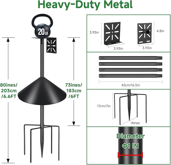 Smart Bird Feeder Pole with Squirrel Baffle & Bath-Heavy Duty Adjustable 3-6.6ft Universal Stand Mount for Backyard&Outdoor Bird Houses/Cameras (80'Pole-Baffle)-VerdiqueGarden