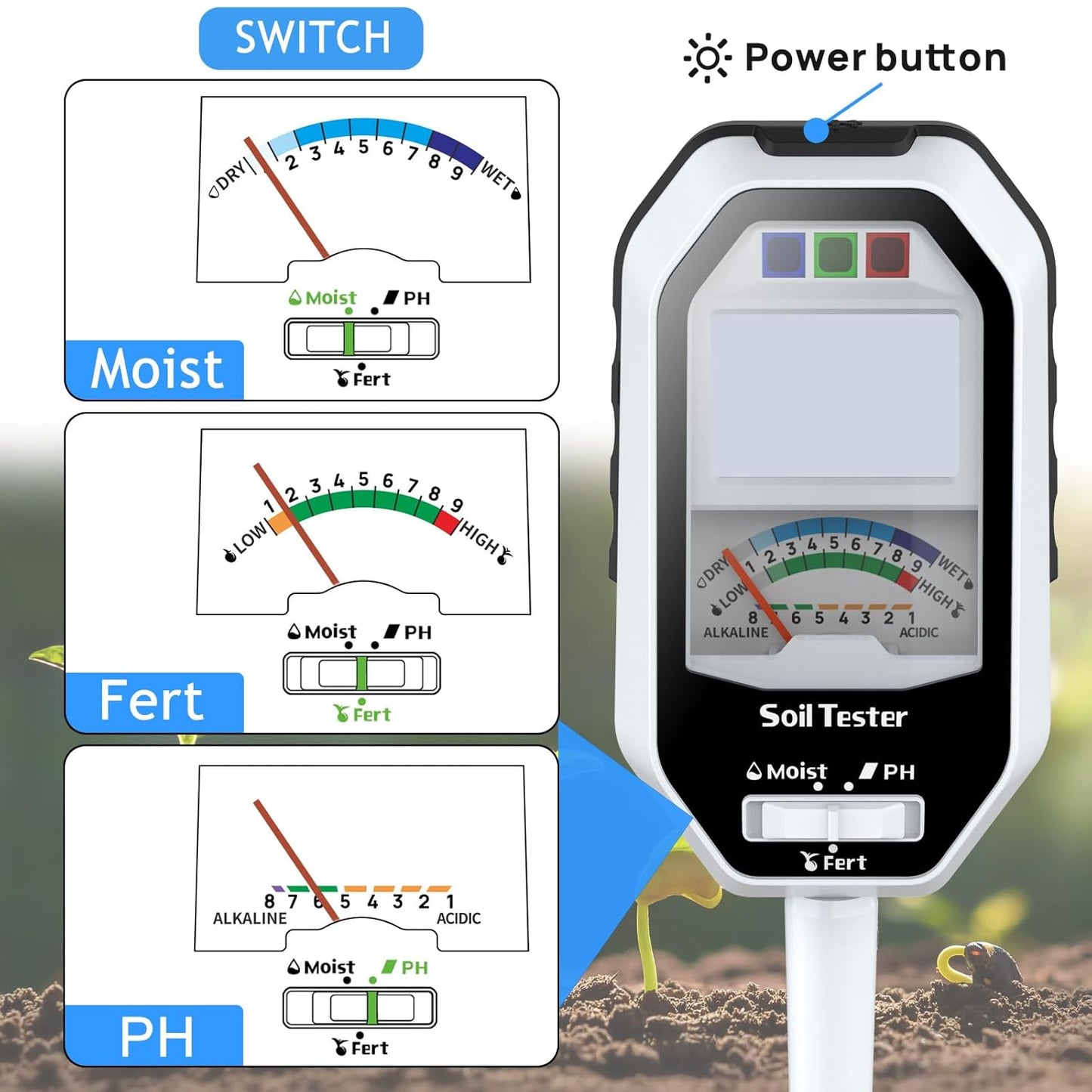 Soil Moisture Meter, 7-in-1 Soil PH Tester/Soil Moisture/Fertility with Removable Probe, Digital Air Temp/Humidity/Sunlight Intensity/BGR Spectral for Plants Gardening, Lawn and Indoor Outdoor Plants-VerdiqueGarden