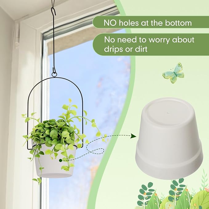 Hushee 6 Packs Metal Hanging Planters for Outdoor Indoor Plants Plant Hanger with 6.3'' Plastic Pots Hanging Planter Basket for Garden Home Porch Decor (White)-VerdiqueGarden