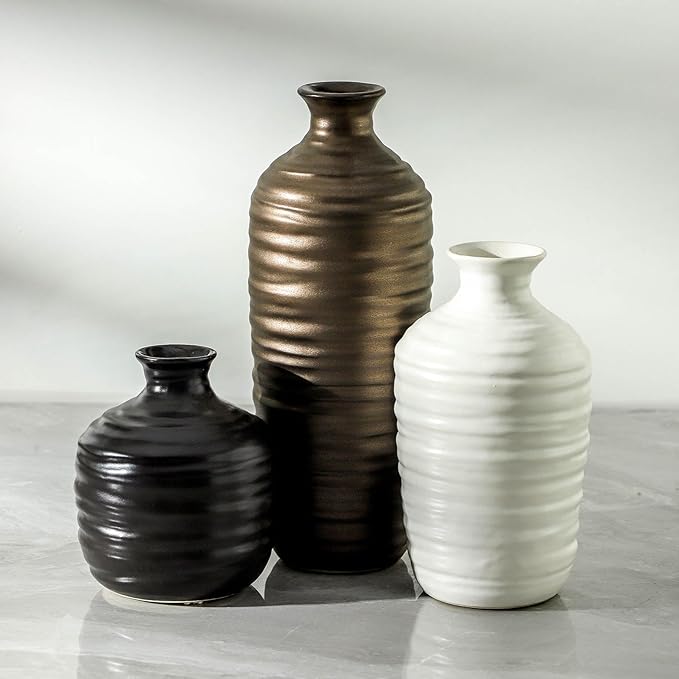 Ceramic Vase Set of 3 Neutral Decorative Vase for Farmhouse, Boho, or Rustic Home Decor Pottery Vases for Living Room Bathroom Table Mantel Fireplace Entryway Shelf (01-Metallic)-VerdiqueGarden