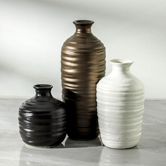 Ceramic Vase Set of 3 Neutral Decorative Vase for Farmhouse, Boho, or Rustic Home Decor Pottery Vases for Living Room Bathroom Table Mantel Fireplace Entryway Shelf (01-Metallic)-VerdiqueGarden