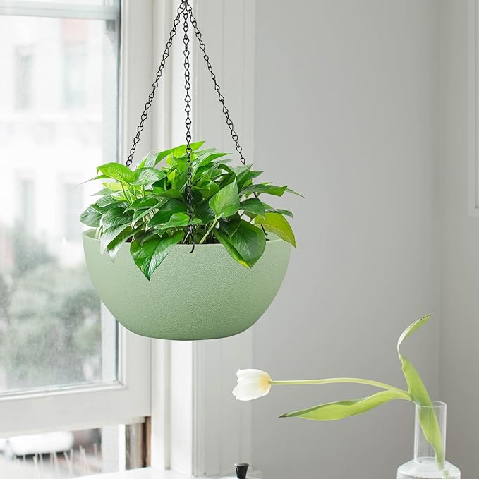 10 inch Hanging Planters for Outdoor Indoor Plants with Drainage Holes and Chain, 2 Pack Round Hanging Flower Pots for Garden Home Porch Decor,Green-VerdiqueGarden