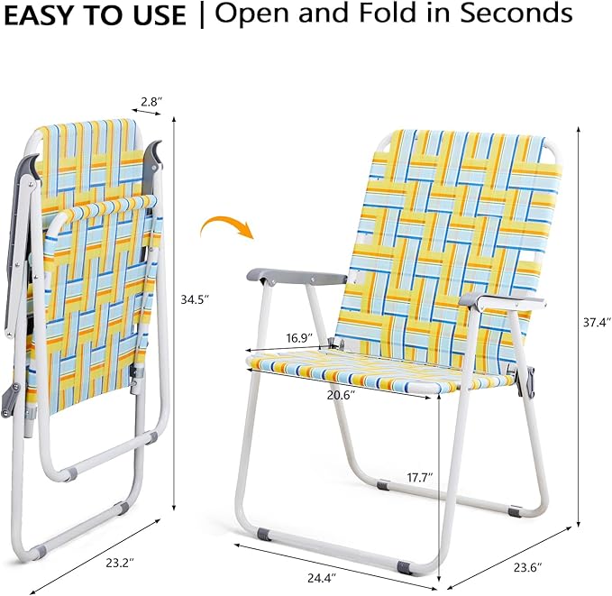 VINGLI Patio Lawn Webbed Folding Chairs Outdoor Beach Portable Camping Chair for Yard, Garden (2, Yellow, Oversized)-VerdiqueGarden