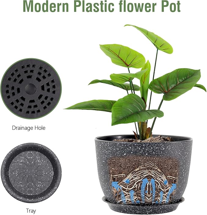 12 inch Big Plant Pots, Plastic Planters with Drainage Holes and Trays, Large Flower Pots for Indoor Outdoor Plants, Modern Decorative Pots for Garden House Plants, Speckled Black-VerdiqueGarden