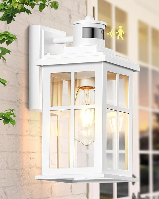 White Outdoor Wall Lights, Motion Sensor Porch Light Outdoor, Dusk to Dawn Outdoor Light Fixtures, Waterproof Outside Lights for House, Garden, Front Porch, Tempered Glass, Anti-Rust-VerdiqueGarden