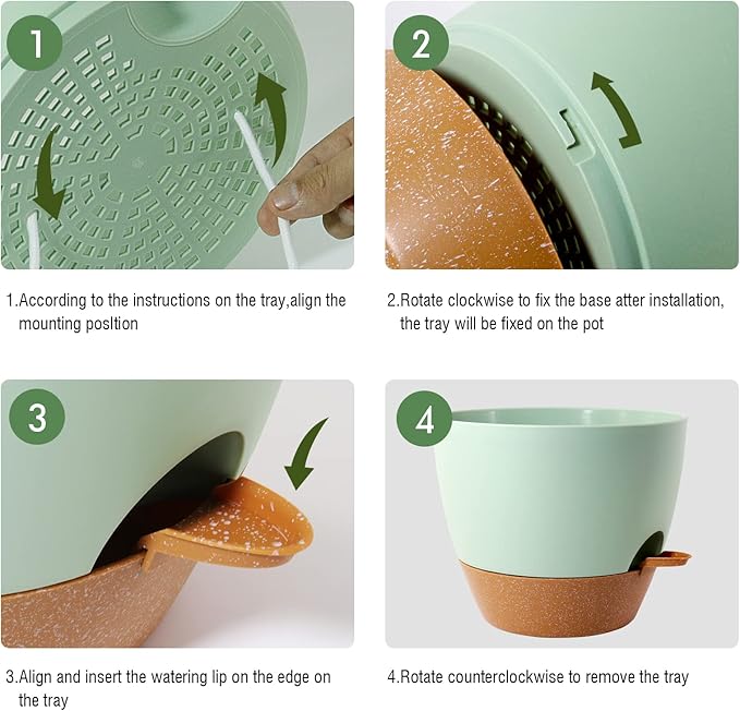 12 inch Large Self Watering Pots, Plastic Planters with 60oZ Removable Deep Reservoir and Multi Mesh Drainage Holes for Indoor Outdoor Garden Plants and Flowers, Green with Brown-VerdiqueGarden