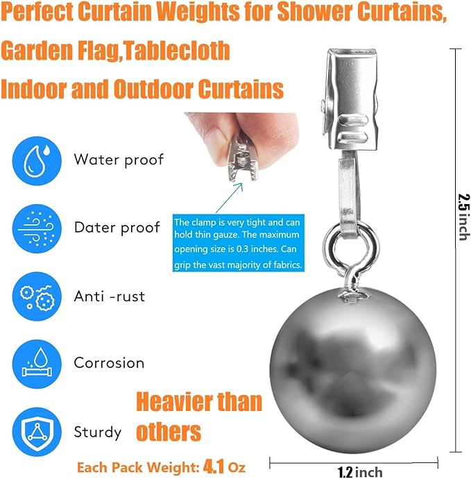 12 Pack Heavy Duty Curtain Weights, Heavy Weights for Outdoor Curtains of Pergola Patio Gazebo Cabana, Stainless Steel Weight Clip Down Curtain, Garden Flag, Shower Curtain, Tablecloth-VerdiqueGarden