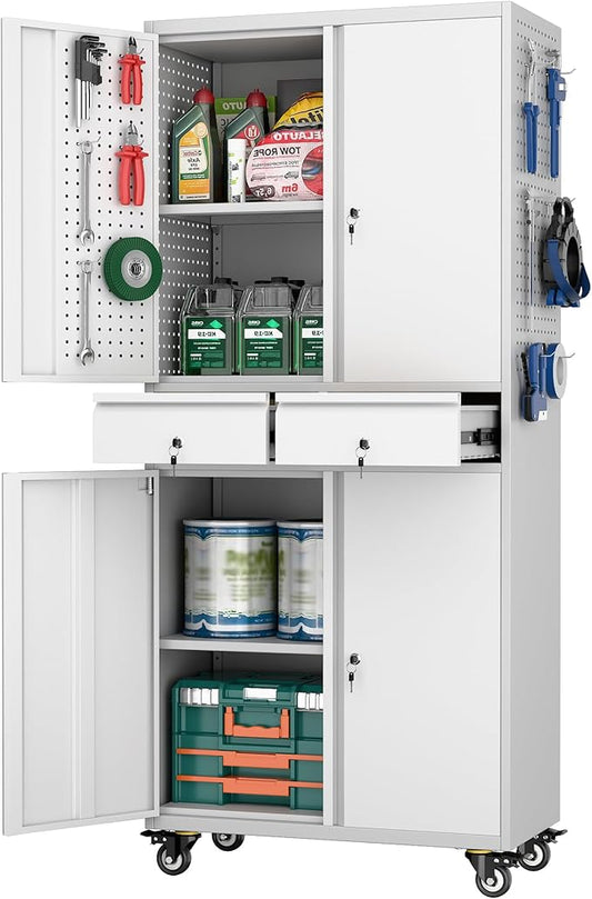 Metal Garage Storage Cabinet with Locking Doors and 2 Adjustable Shelves, Rolling Tool Storage Cabinet with 4 Wheels and 2 Drawer for Garage, Warehouse, White and Gray, Assembly Required-VerdiqueGarden