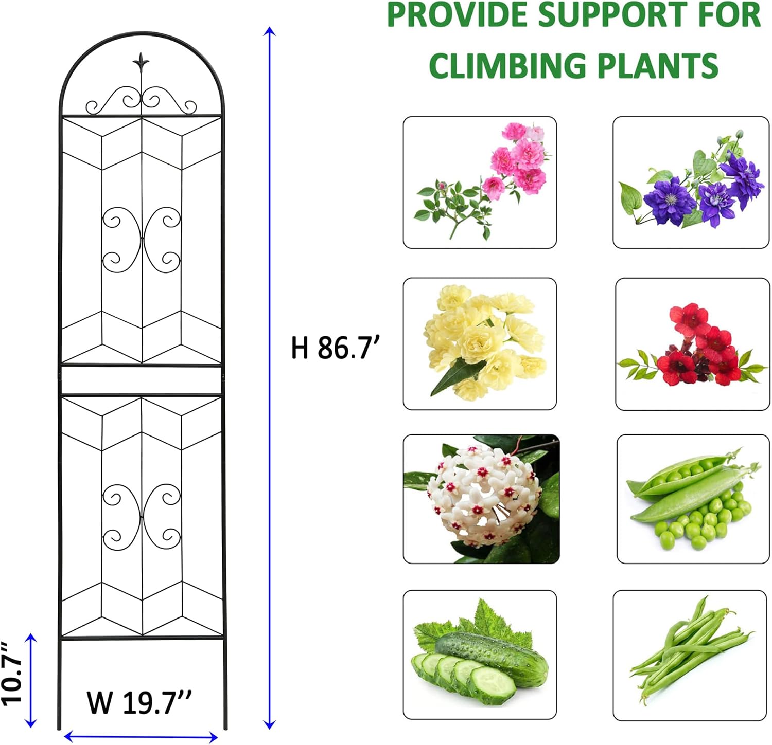 4 Pack Metal Garden Trellis 86.7" Tall Outdoor Climbing Plant Support for Roses, Flowers, Rustproof Durable Black Galvanized Tube, Lawn Garden Fence Decor Screen (4, Castle-86.7" H)-VerdiqueGarden