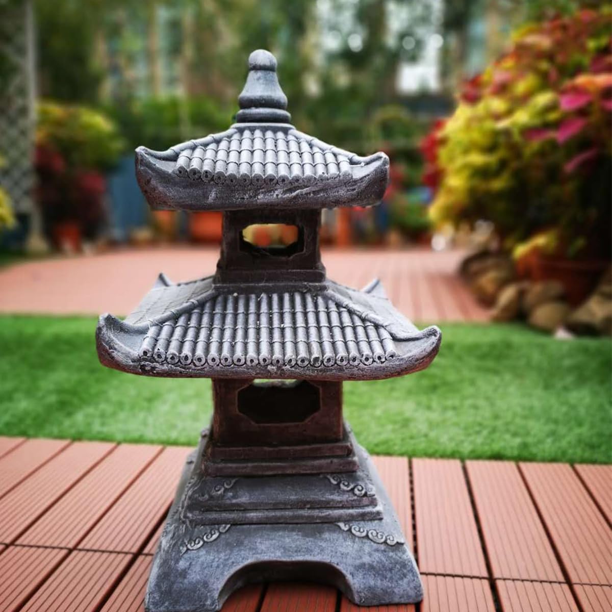 Outdoor Zen Garden Lantern - 2 Tier Pagoda Garden Statue, Stone Lantern, Japanese Style for Zen Lawn Garden Decoration and Christmas Ornament (Dark Gray)-VerdiqueGarden