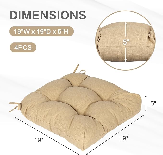 Aoodor 19" x 19" x 5" Tufted Outdoor Chair Cushions, Water Resistant & Fade Resistant Polyester Dining Chair Pads with 2 Straps for Patio Furniture, Set of 4-VerdiqueGarden