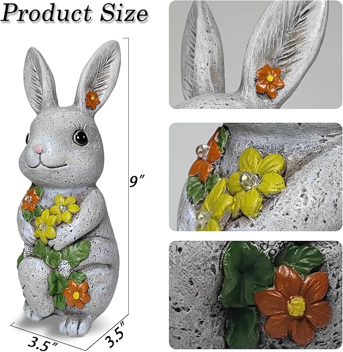 Solar Easter Rabbit Statue - Rock-Like Design with Flower Lamp Beads Woman Gifts Resin Easter Bunny Sculpture for Indoor and Outdoor Statue Decor, Garden Decoration-VerdiqueGarden