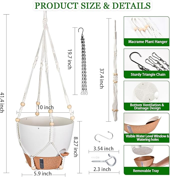 10 Inch Hanging Planters for Indoor Plants, 2 Pack Self Watering Hanging Baskets Flower Pots with Drainage Hole, Visual Reservoir & 2 Kinds of Plant Hanger for Outdoor Garden Home Decor-VerdiqueGarden