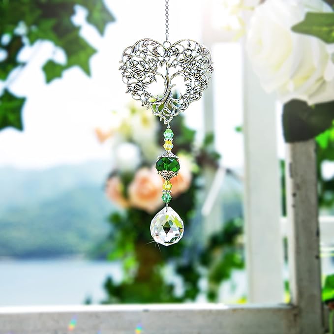 H&D HYALINE & DORA Tree of Life Crystal Suncatchers Crystal Drop Prism Rainbow Maker Hanging for Home Garden Decoration, Heart Shaped-VerdiqueGarden