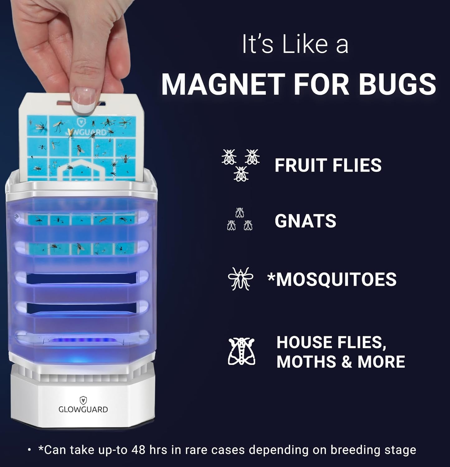 GlowGuard Cordless Flying Insect Trap Catches Fruit Flies, Indoor Gnat Killer, Magnet for Moths & Mosquitos in Dark, 1 Rechargeable Bug Trap + 4 Dual-Sided Sticky Pad Refills, 30hr Battery (White)-VerdiqueGarden