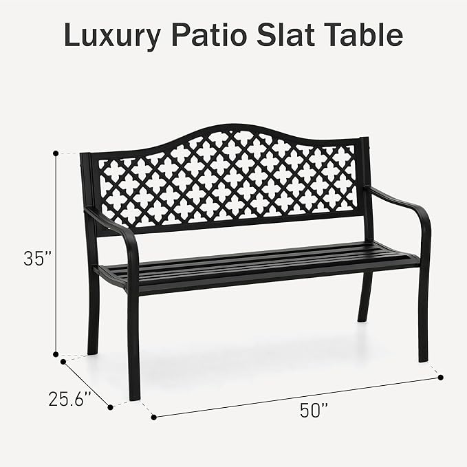 PHI VILLA 50" Outdoor Garden Patio Metal Bench for Outdoors with Plastic Backrest Armrests Sturdy Steel Frame, Black-VerdiqueGarden