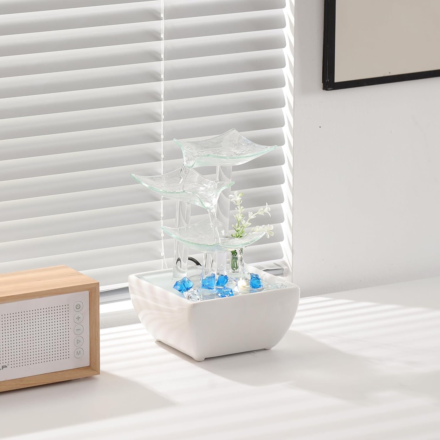 Ceramic and Glass Tabletop Fountain for Indoor and Home Decoration Table Desk Office Patio White-VerdiqueGarden