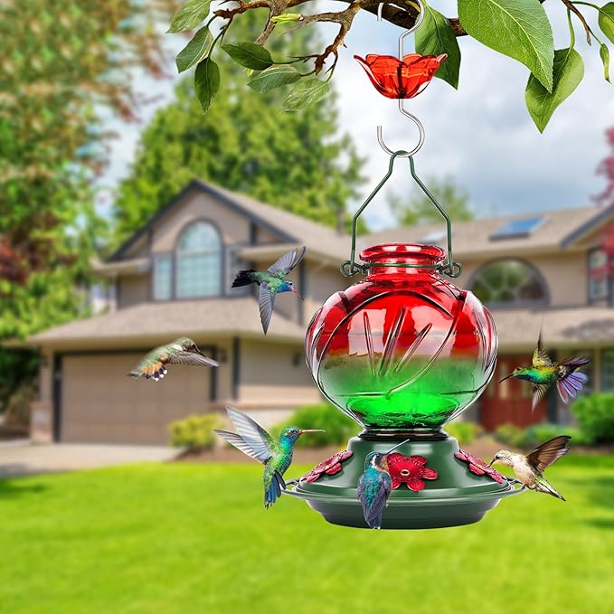 BOLITE Hummingbird Feeder, Glass Hummingbird Feeders for Outdoors Hanging, 22 Ounce, Five Feeding Ports with Perch, Peony Flower Shape, Red and Green, Gifts for Women Men, Gifts for Mom Dad-VerdiqueGarden