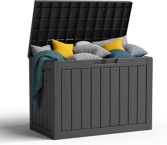 45 Gallon Resin Deck Box, Lockable Patio Outdoor Storage Box for Furniture, Garden Tools and Tools Storage, Waterproof Outside Storage Boxes - Black-VerdiqueGarden