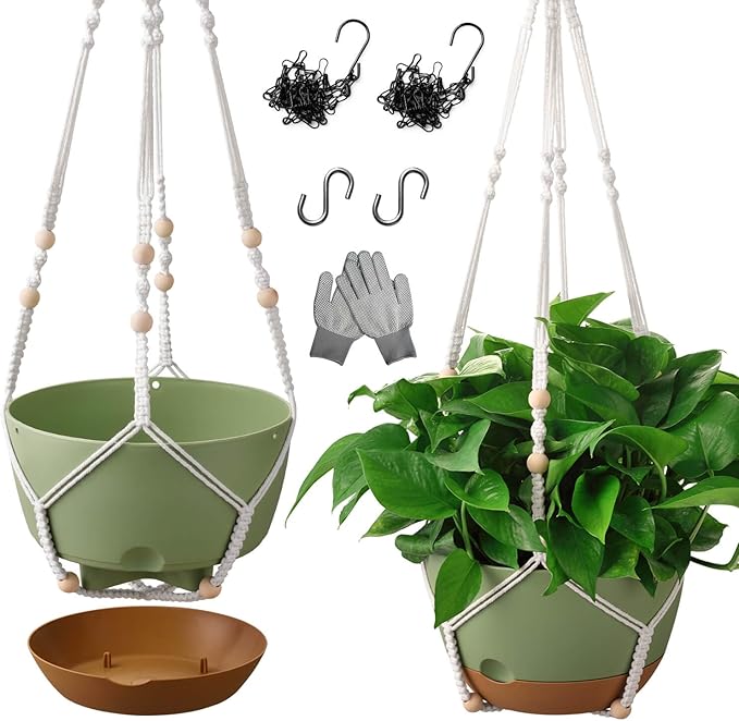 10 Inch Hanging Planters for Indoor Plants,Set of 2 Hanging Pots for Plants with Self-Watering, Outdoor Hanging Plant Pot with Drainage and 2 Kinds of Hanging Baskets Hangers for Home Decor and Garden-VerdiqueGarden