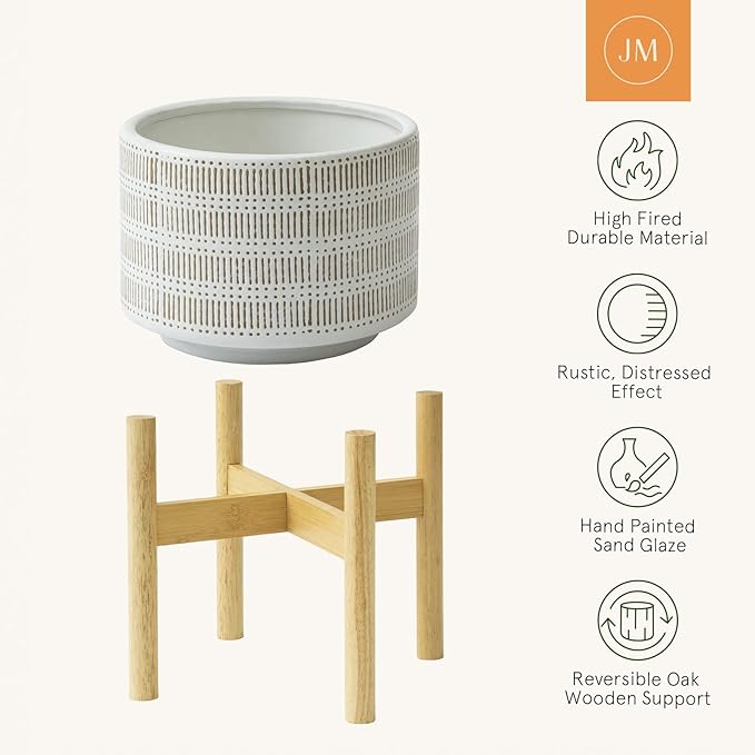 LA JOLIE MUSE Ceramic Plant Pot with Wood Stand - 9.4 Inch Modern Round Decorative Flower Pot Indoor with Wood Planter Holder, Beige & White-VerdiqueGarden