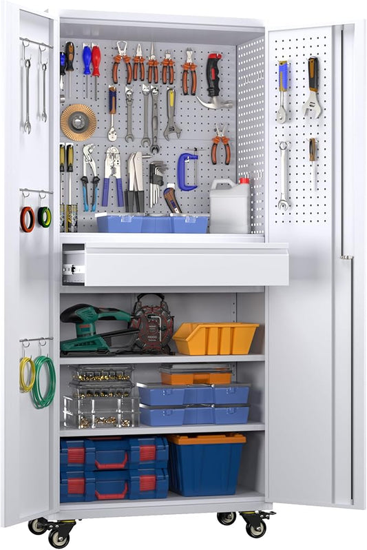Metal Garage Cabinet with Wheels,71''H Rolling Lockable Steel Tool Cabinet with Pegboard & Drawer for Garage,Home,Office Assembly Required,White-VerdiqueGarden