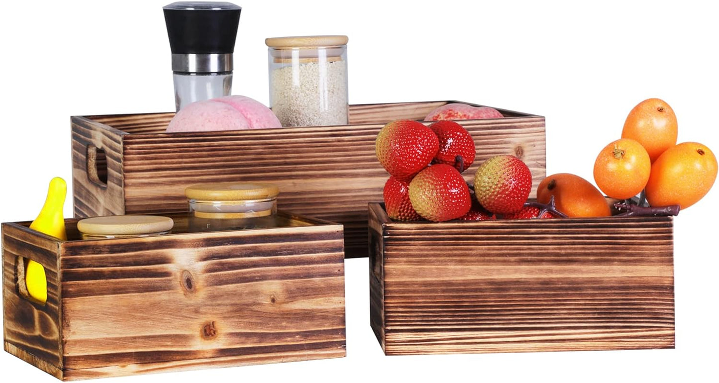 PHOENANCEE Wooden Crate Stackable Decorative Wood Crates set of 3 for Storage Display Rustic Nesting Box Basket Home Decoration Boxes Container Bin with Handles Farmhouse Decor,Solid Pine,L+M+S-VerdiqueGarden