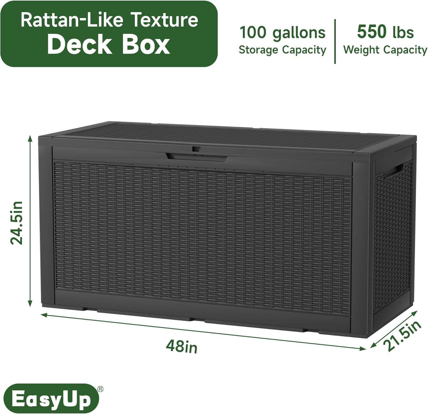 100 Gallon Outdoor Storage Box Waterproof, UV Resistant Resin Deck Box with Hydraulic Rod, Reinforced Stability for Patio, Garden, Rattan Black-VerdiqueGarden