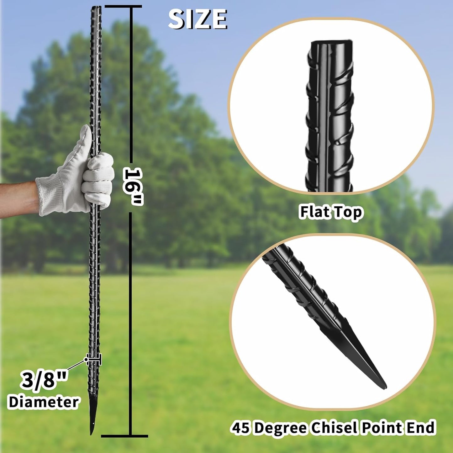 16 inches Rebar Stakes 18-Pack Heavy Duty Ground Stakes Rebar Spikes Garden Stakes Metal Steel Stake for Concrete and Timber Straight Black-VerdiqueGarden