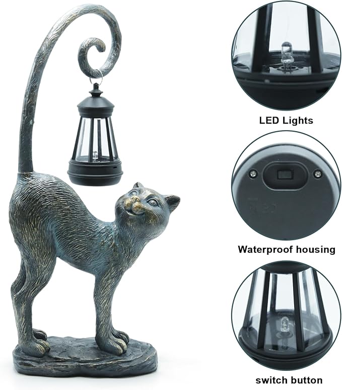 Resin Cat Statue with Solar Lantern, Eye-catching Garden Sculpture Decor，15.3" Height Outdoor Figurine for Garden Yard Patio Decorations，Birthday Gifts-VerdiqueGarden