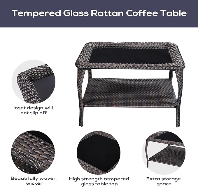 Outdoor Furniture Sectional Sofa L Shaped Couch - Patio Wicker Set with Coffee Table, 3 Piece Rattan Patio Conversation Sets with Beige Cushion for Deck Backyard Sunroom-VerdiqueGarden