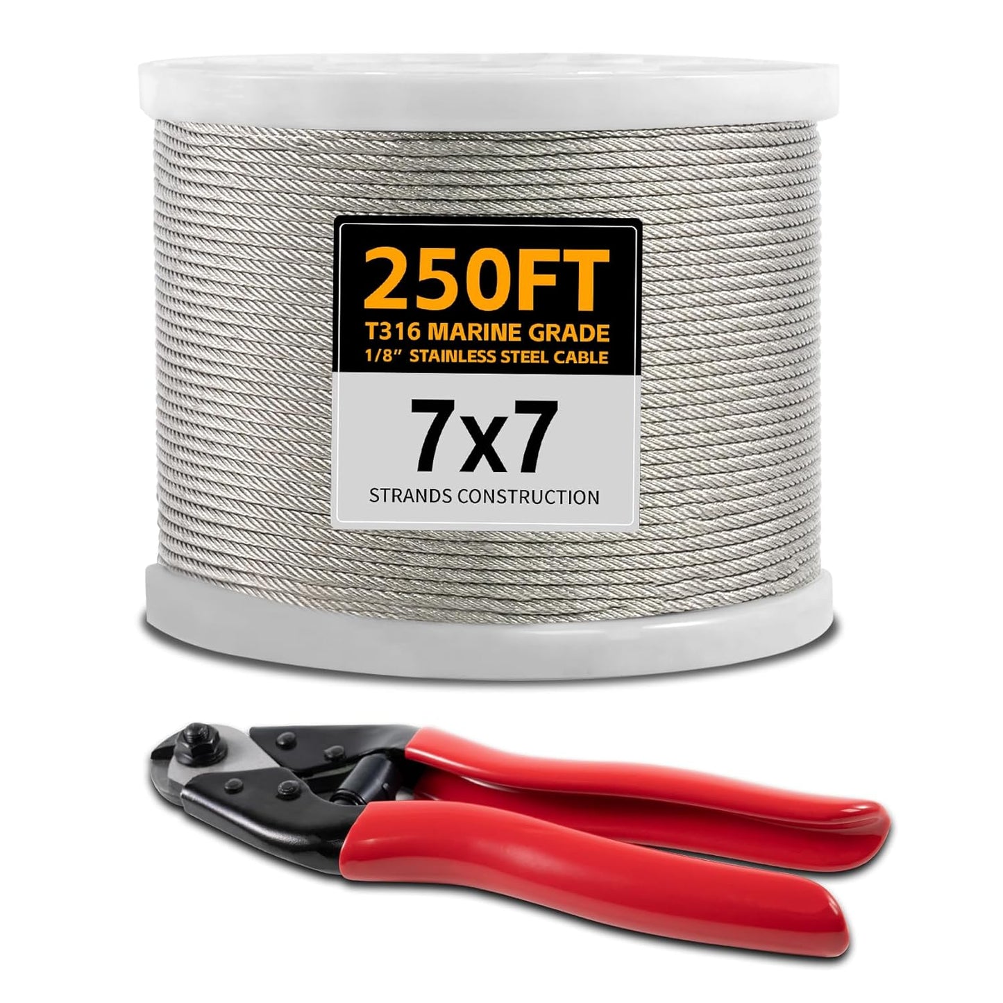 250FT 1/8" Stainless Steel Cable Wire Rope with Cutter, Cable for Deck Railing, 1800 lb Breaking Strength 7x7 Strands, T316 Aircraft Cable for Stair, Fence, Porch-VerdiqueGarden