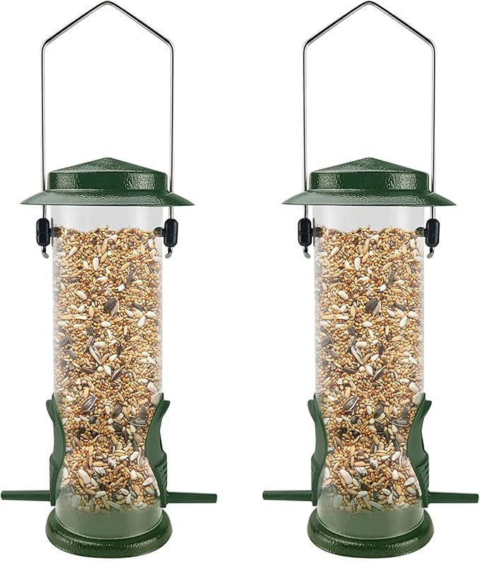 MIXXIDEA Wild Bird Feeders For Outdoors Hanging Stainless Steel Hanging Bird Feeder Tube, Finch Feeder For Garden Backyard Decoration Attractive Water Resistant Bird Feeders For Outside Green - 2 Pack-VerdiqueGarden